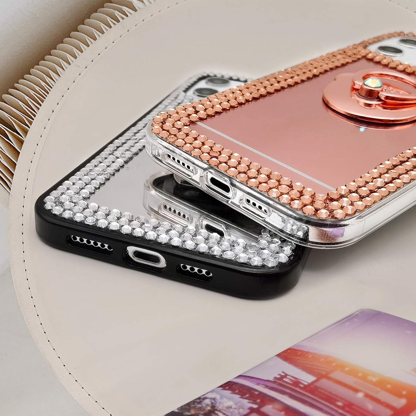 LUVI 6.7 inch Compatible iPhone 12 Pro Max Diamond Glitter Case with Makeup Mirror, Ring Holder, Bling Rhinestone