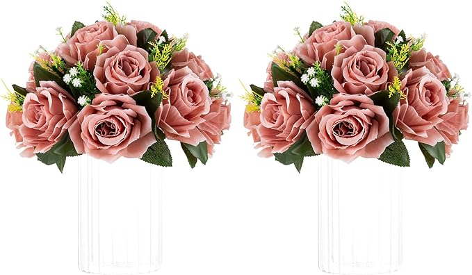 NUPTIO Artificial Flower Centrepieces for Tables - 2 Pcs Dusty Rose Fake Flowers Roses Balls 9.5in Diameter - Silk Faux Rose Arrangement for Wedding Party Centerpiece Table Decorations