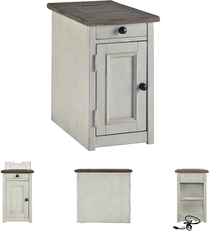 Signature Design by Ashley Bolanburg Farmhouse Chair Side End Table with Outlets and USB Ports, Antique Cream & Brown