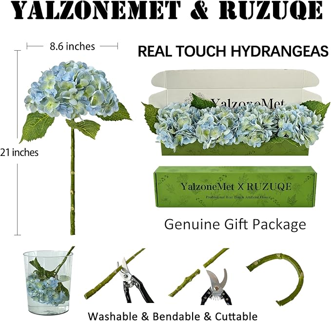 YalzoneMet 4Pcs Light Blue-Green Real Touch Hydrangea Artificial Flowers 21'' Faux Latex Hydrangea Flowers for Wedding Table Centerpieces Fake Flowers for Party Home Kitchen Living Room Decor