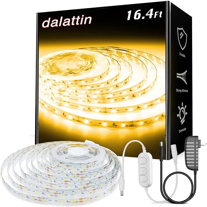 dalattin Warm White LED Strip Lights, 3000K Tunable Soft White Light Strip 16.4ft, Bright 300 LEDs, White Led Lights for Bedroom, Mirror, Kitchen Decoration