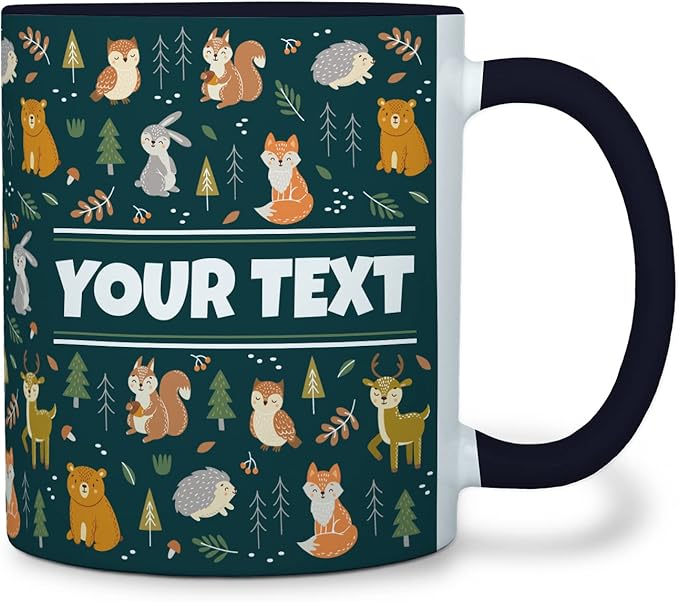 Personalized Mug for Kids - Woodland Animals - Custom Name/Text, Ceramic Hot Chocolate/Cocoa/Coffee Cup for Boys/Girls, Birthday/Christmas/Holiday Gift - 11 oz, Black Handle