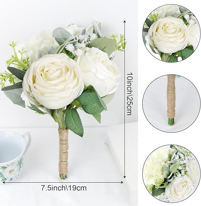 SEMONONIA Wedding Bridesmaid Bouquet Flower 1 Pack - Ivory White Artificial Flowers Bouquet Rustic Small Floral Centerpieces for Marriage Proposal Party Anniversary Dining Table Decorations -7inch
