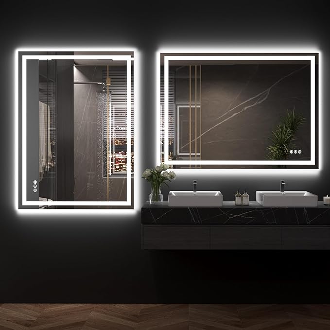 48"X32" LED Bathroom Mirror with Front Lights and Backlit, Anti-Fog, Dimmable, Shatter-Proof Tempered Glass, Lighted Bathroom Vanity Mirror for Wall with 3 Colors, Memory Function