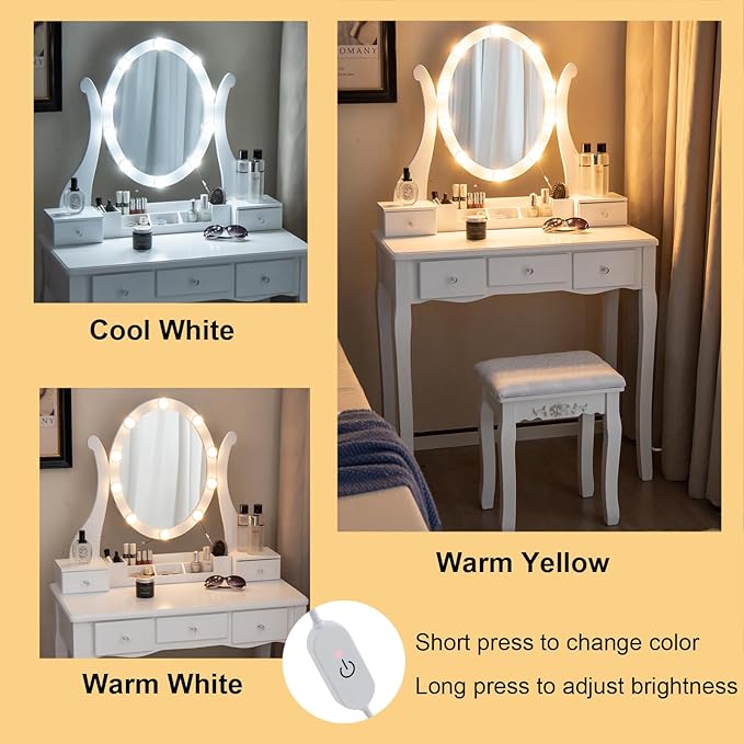 CHARMAID Makeup Vanity Table with Lighted Mirror, Vanity Desk with 10 LED Lights, Adjustable Brightness, 5 Drawers and Removable Storage Organizer, Bedroom Dressing Table with Stool (White)