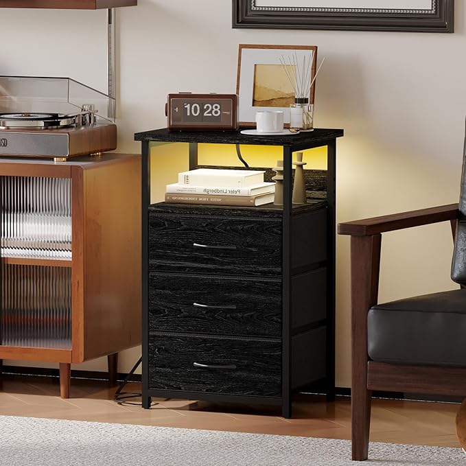 Fixwal Night Stand with Charging Station, LED Nightstand with Fabric Drawers, End Table with PU Finish, Bed Side Table, Black Oak
