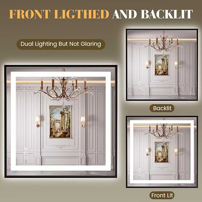 LED Bathroom Mirror,36"x36" Mirror with Black Frame, Front Light and Backlit, Stepless Dimmable, Anti-Fog, Shatter-Proof, Memory, 3 Colors, Double LED Vanity Mirror
