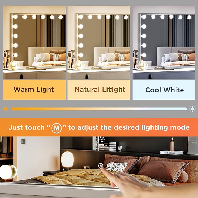 M MIVONDA Large Vanity Mirror with 17 Bulbs Lights, Hollywood Lighted Makeup Mirror for Desk and Wall, Dimmable 3 Lighting Modes, Plug-in & USB Charger Port