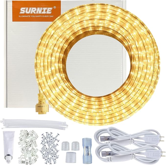 SURNIE LED Rope Lights Outdoor Waterproof Warm White, 50ft Outside Bright Lighting Cuttable Connectable Flexible 110V Cool Clear Flat 3000K, Indoor Deck Patio Christmas Camping Decor, Not Tube Rope