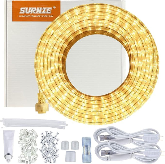 SURNIE LED Rope Lights Outdoor Waterproof Warm White, 50ft Outside Bright Lighting Cuttable Connectable Flexible 110V Cool Clear Flat 3000K, Indoor Deck Patio Christmas Camping Decor, Not Tube Rope