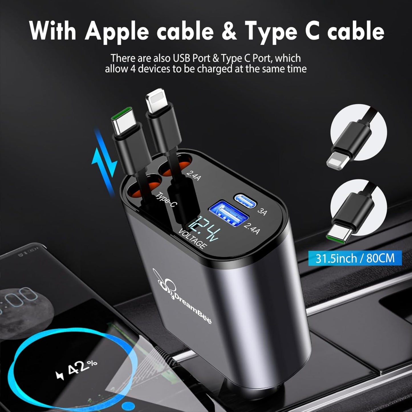 Retractable Car Charger, 66W 4 in 1 Super Fast Charge with 31.5 inch Cables and 2 USB Ports for iPhone 15/14/13/12