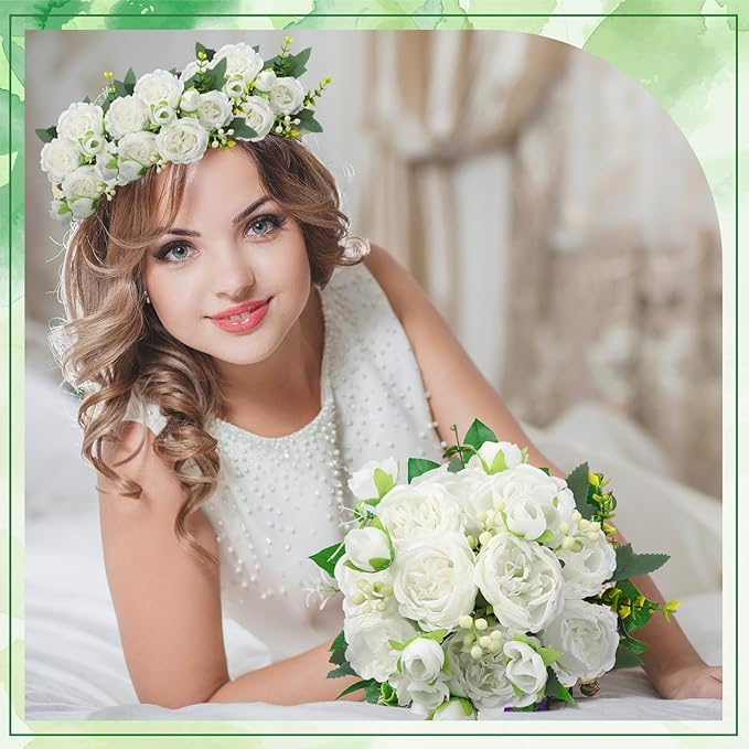 Geosar 2 Bundles Artificial Peonies Flowers Fake Silk Peony Bouquet Faux Peonies Flowers Bulk for Decoration Vase Floral Arrangements Wedding Party Table (White)