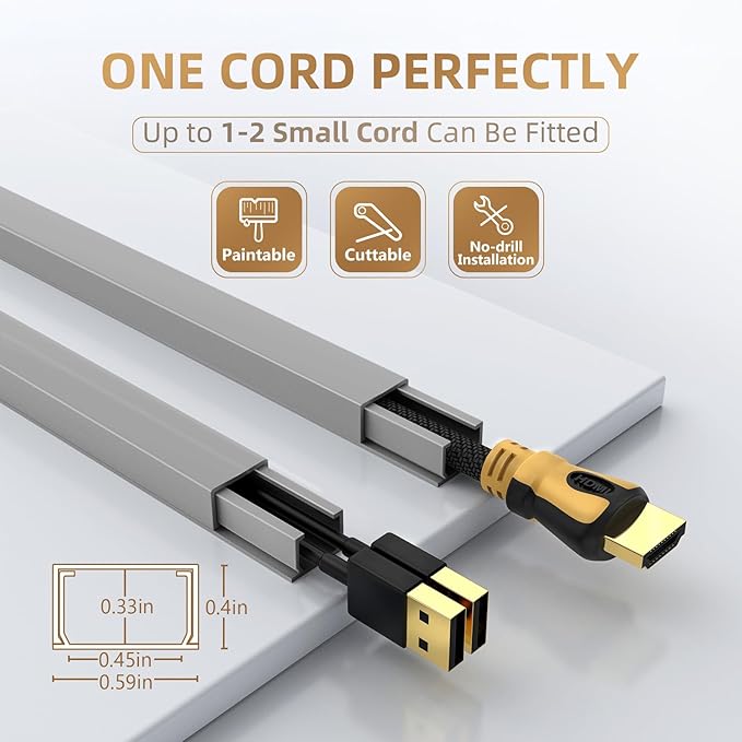 Delamu Cord Hider, 85in Cord Covers for Wires on Wall, One-Cord Cable Hider, Self-Adhesive Wire Hiders Wire Covers for TV Cords on Wall, Paintable Cable Cover Management Kit, W0.59 H0.4in, Grey