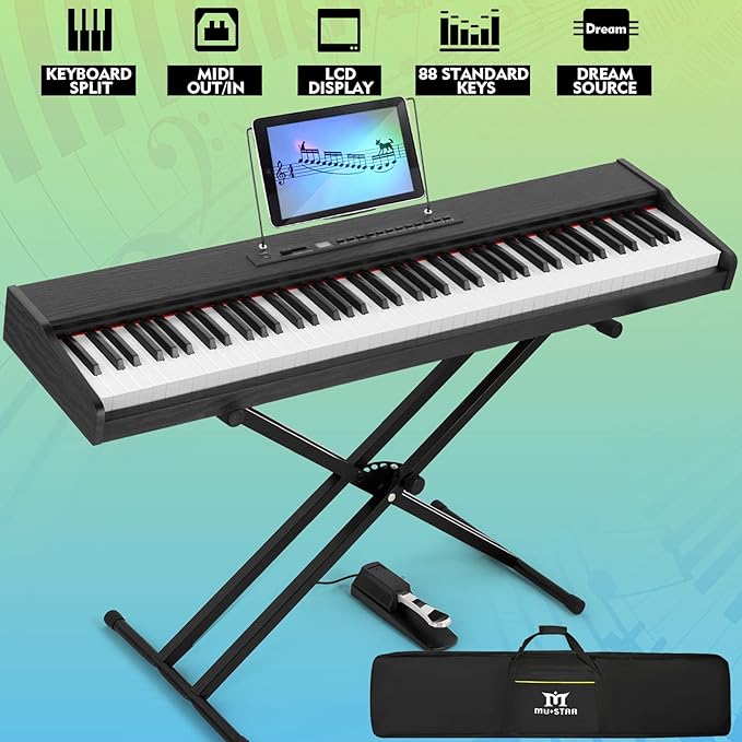 MUSTAR Digital Piano 88 Key Weighted with Stand, 88 Key Semi Weighted Keyboard Piano MEP-900, Portable Electric Piano Keyboard 88 Keys with Bluetooth Connection, Case, Sustain Pedal, MDF, Black