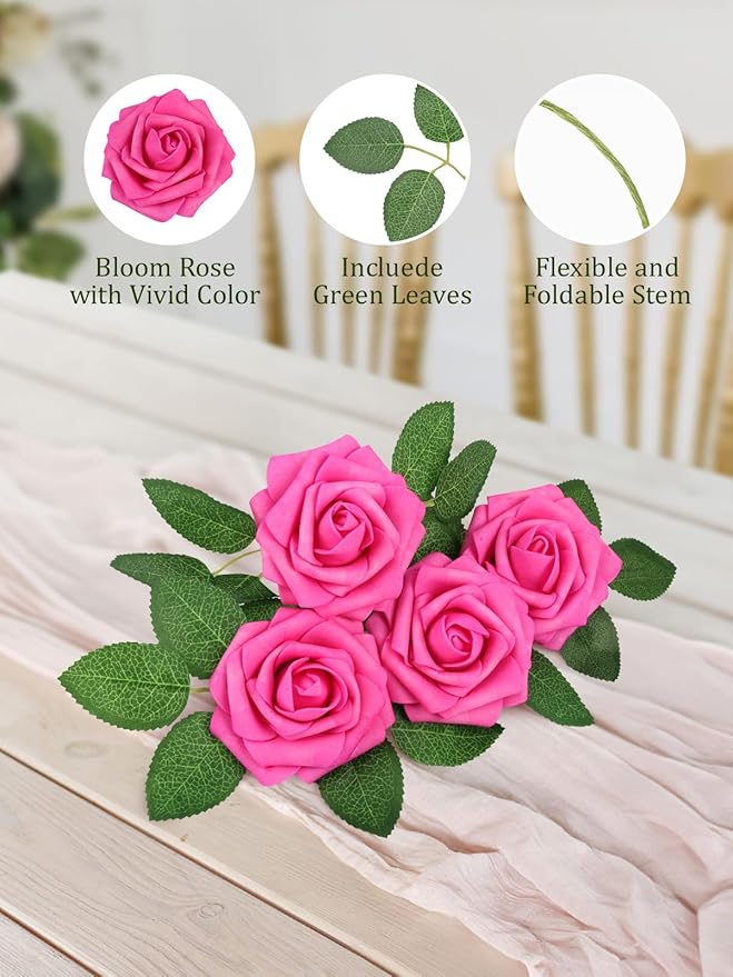 MACTING Artificial Flower Roses 30PCS Real Touch Fake Spring Flowers with Stem Foam Roses for Wedding DIY Bouquets Table Centerpieces Party Bridal Shower Home Mothers Day Decorations(Fuchsia)