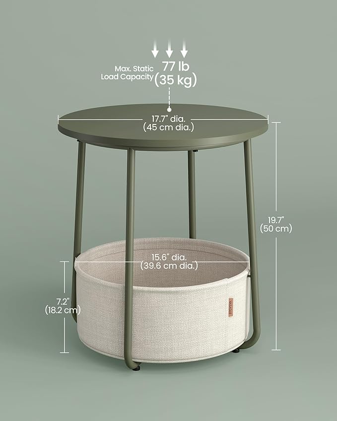 VASAGLE LILEA Collection - Small Round Side End Table, Modern Nightstand with Fabric Basket, Forest Green and Cream White ULET223C80