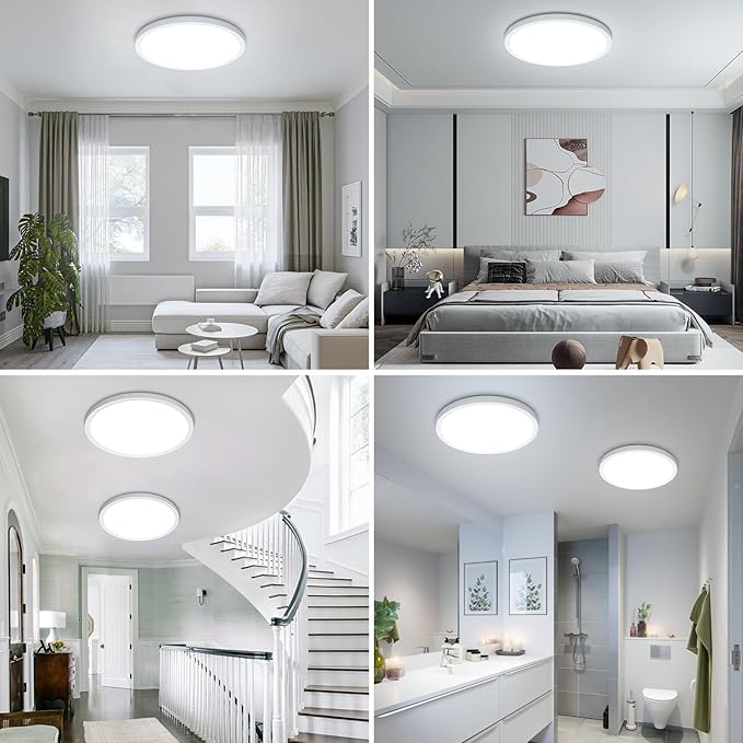 SunRider 2-Pack LED Flush Mount Ceiling Light Fixture, 5000K Daylight White, 2400LM, 12 Inch 24W 240W Equiv. Round Flat Ceiling Lamp, Non-Dimmable