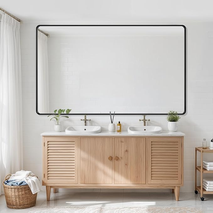 Suidia Bathroom Mirror, 60" x 36" Wall Mirror Metal Framed, Bathroom Vanity Mirror for Living Room Bedroom Bathroom Entryway, Black, Rounded Corner Style