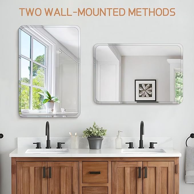 Frameless Bathroom Mirror for Over Sink,Wall Mounted Vanity Mirrors 12x16in,Rounded Rectangle Mirror Frameless with Polished Edge for Bedroom,Living Room,Entryway,Shatterproof (Horizontal/Vertical)