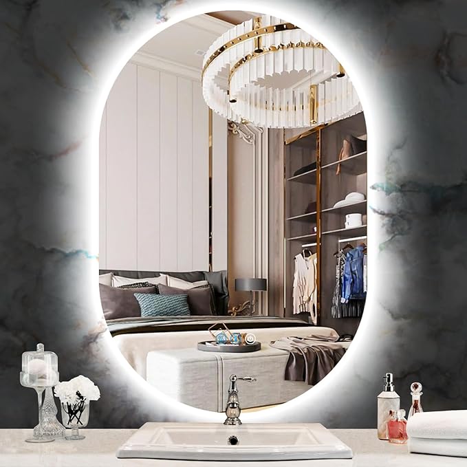 THEKLA 24 x 36 inch LED Oval Backlit Mirror for Bathroom Salon Wall Vertical/Horizontal Mount Makeup Frameless 36 Backlight Oval Lighted Vanity Mirror with Lights Smart Memory 3 Color Dimmable AntiFog