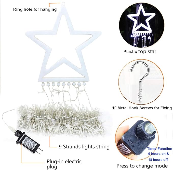 FUNIAO (Upgraded) Christmas Decoration Outdoor Star String Lights, 320 LED Christmas Tree Topper Lights with 12" Lighted Star for Halloween Christmas New Year Holiday Garden Yard (White)