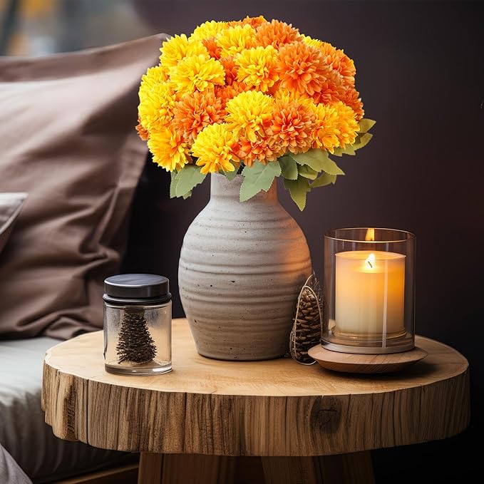 6 Bundles 16.5" Artificial Marigold Flowers 54 Heads Orange & Yellow Dried Silk Fake Marigold Ball Heads Bouquet Realistic Autumn Plants for Day of the Dead Dia De Los Muertos Fall Decoration