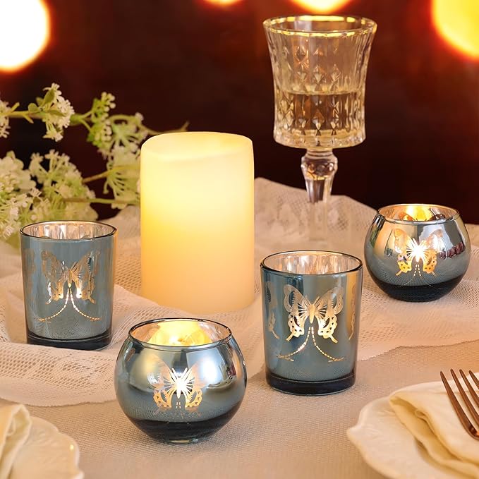 Blue 12 PCS Combination Tea Lights Candle Holder Decorative with Butterfly Pattern, Votive Candle Holders for Wedding, Birthday, Anniversary, Parties, and Holiday Decorations