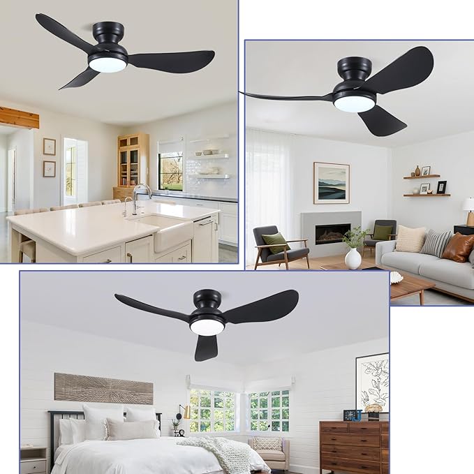 46 Inch Modern Ceiling Fans with Lights, Flush Mount Ceiling Fan with Remote/APP Control, 3 Reversible Curved Blades, 6 Speeds, 3 CCT Dimmable Lights for Bedroom Kitchen, Black