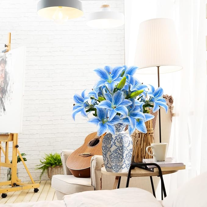 ASTRYAS 18 Heads Blue Fake Lilies, Artificial Lily Faux Lilies Bouquet with 18 Heads Full Bloom Lily & 6 Buds for Home Hotel Flower Arrangement Party Decor