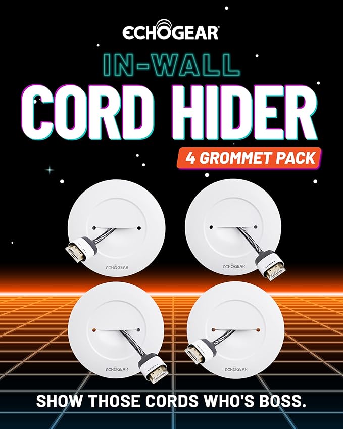 ECHOGEAR TV Cord Hider for Wall Mounted TV 4 Pack - Cable Management Kit Hides TV Wires - Includes 2 Pass Throughs, Locking Brackets, and Hole Saw Drill Attachment (White)