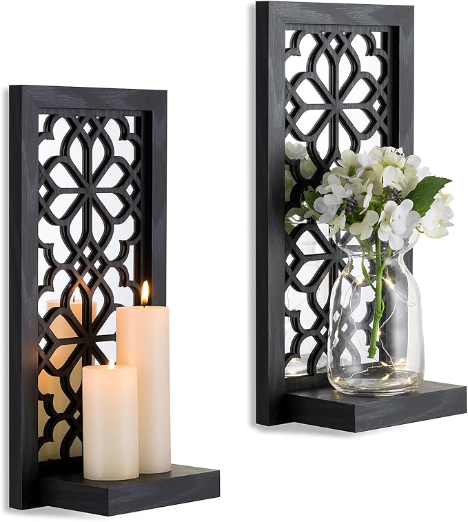 Black Candle Sconces Wall Decor - Gothic Wood Candle Shelves Decor for Plant Display - Halloween Wall Candle Holder Vintage Sconces for Office Fireplace Window Hallway