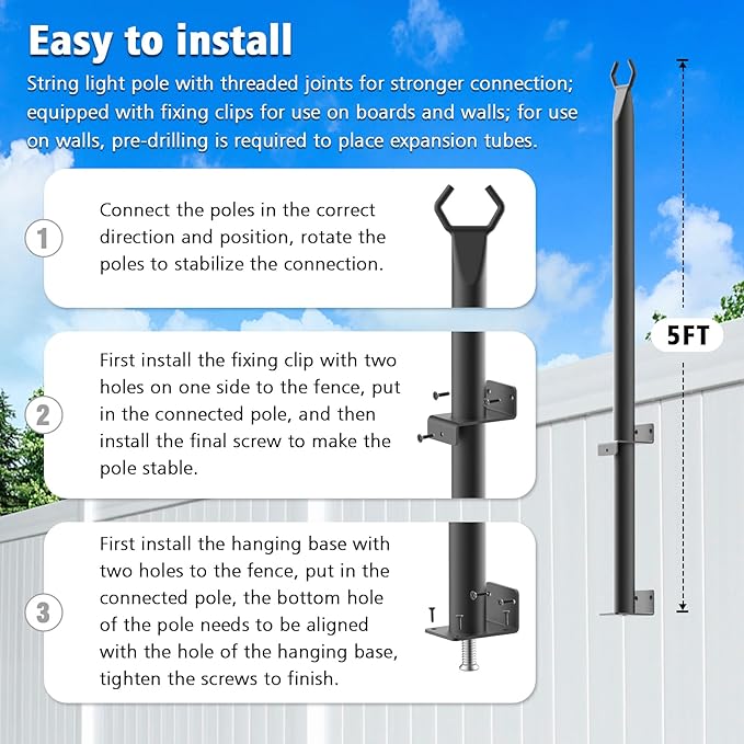 2 Pack 5Ft String Light Poles,Outside String Lights,Outdoor Light Poles,Metal Poles Stand for Patio,Backyard,Deck