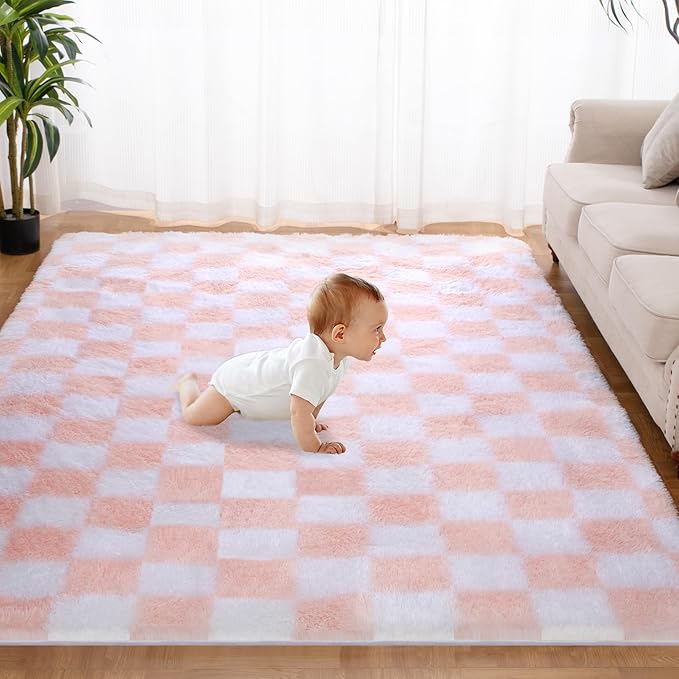 Super Soft Rug for Bedroom, 5x8 Ft Pink and White Area Rug Classic Checkered Shaggy Anti-Skid High Pile Soft Fluffy Rug Fuzzy Carpet for Living Room Bedroom Kids Room Nursery, Dorm Home Decor