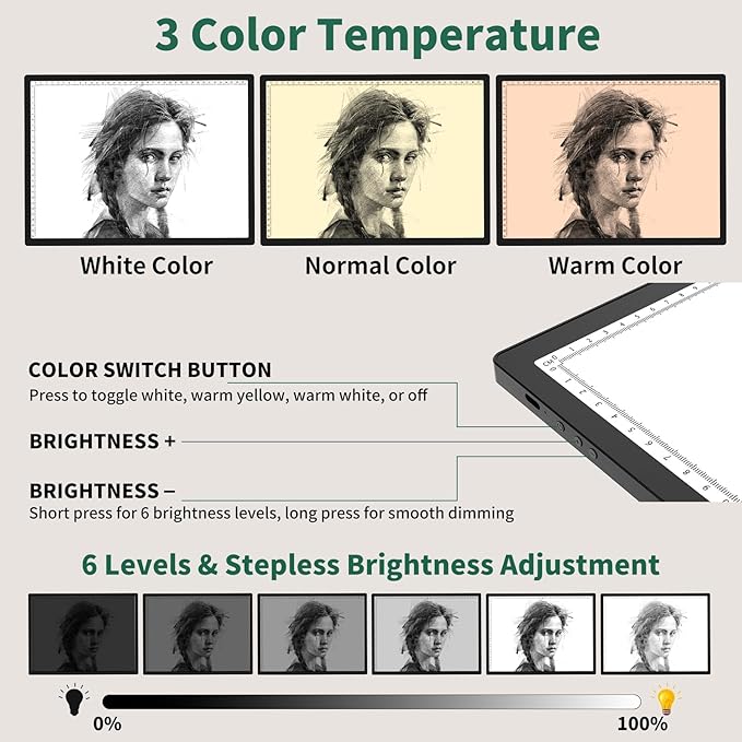 HIUKCOLED A3 Built-in Tilt Stand Light Tracing Box, 6-level＆Stepless Dimmable Adjustable Brightness Light Pad with 3 Colors,Battery Powered LED Light Board for Drawing,Diamond Painting,Sketching,X-Ray