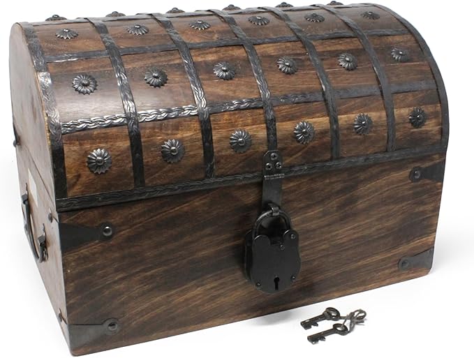 Nautical Cove Handmade Pirate Treasure Chest for Kids Prizes & Classroom with Lock and Skeleton Keys – Lockable Wooden Storage Chest Box, Pirate Decor, Decorative Wooden Box - X-Large 16x11x10.5