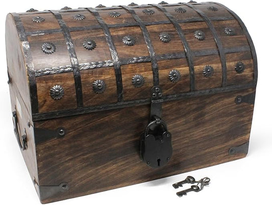 Nautical Cove Handmade Pirate Treasure Chest for Kids Prizes & Classroom with Lock and Skeleton Keys – Lockable Wooden Storage Chest Box, Pirate Decor, Decorative Wooden Box - X-Large 16x11x10.5