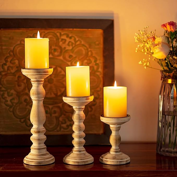 Wood Pillar Candle Holder: 3Pcs Rustic Candle Holders for Pillar Candles Wood Candle Holders Distressed Wooden Farmhouse Large Candle Holder for Fireplace Table (White, 6", 8", 12")