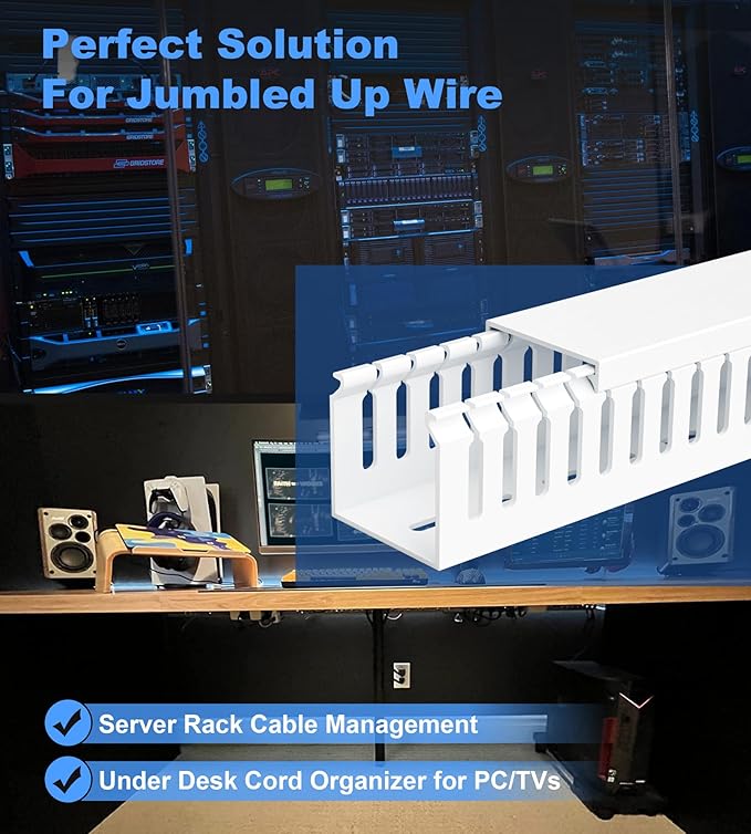 ZhiYo 2x2in Professional Server Rack Cable Management Raceway, Cable Raceway Kit, Electrically Safe PVC Open Slot Wire Cover, Cord Hider for Under Desk/Computer/Network Cords White