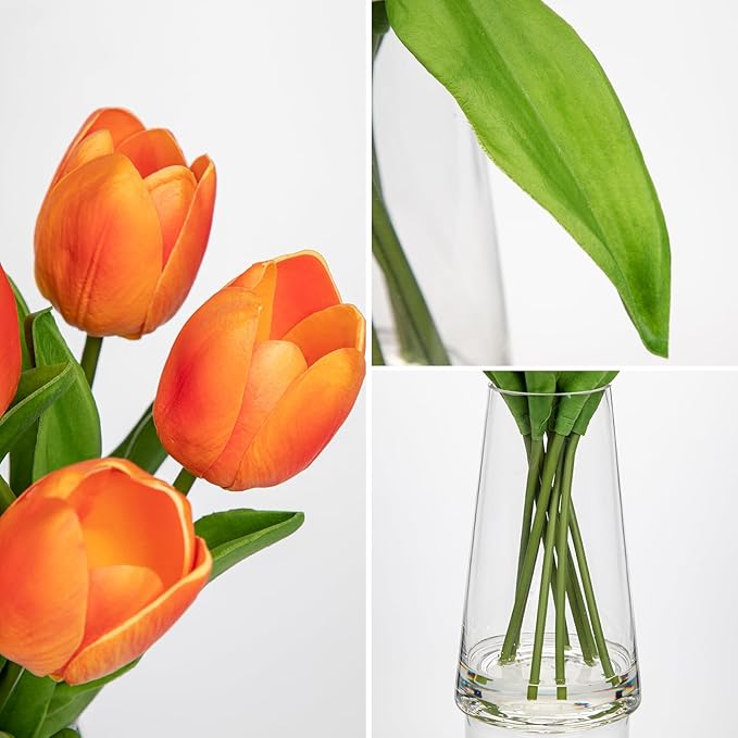 Fake Tulips Artificial Tulip Flowers in Glass Vase with Faux Water, 14.2" Real Touch Orange Tulip Flowers Décor for Table Centerpiece Home Farmhouse Resto Wedding Decoration
