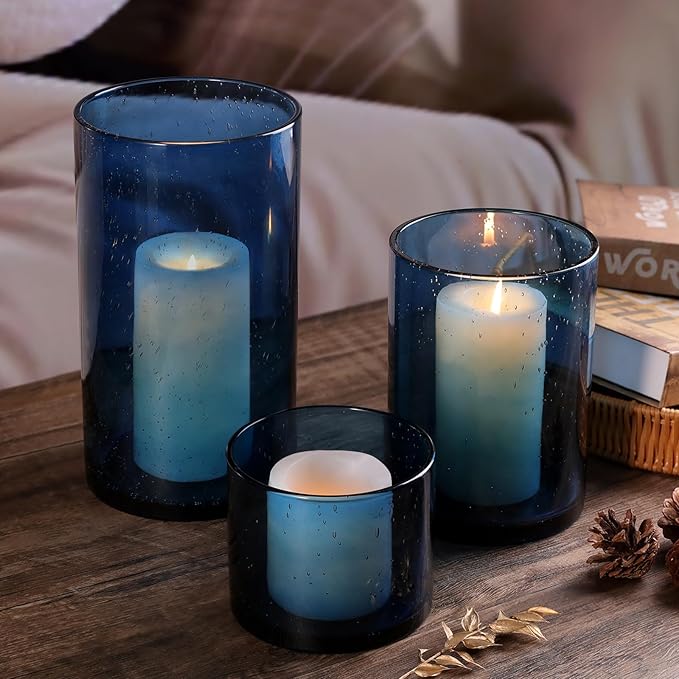 Large Hurricane Candle Holder Set of 3 Blue Candle Holders for Pillar Candles, Seeded Bubbles Glass Candle Holder, Blue Glass Cylinder Vases for Table Centerpieces, Home, Patio and Wedding 10"7"4"H