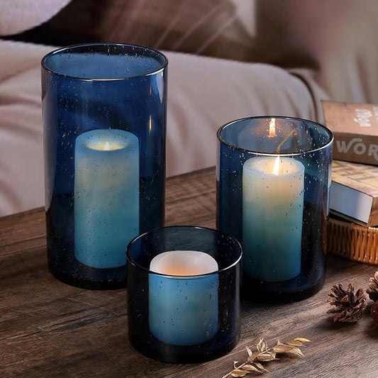 Large Hurricane Candle Holder Set of 3 Blue Candle Holders for Pillar Candles, Seeded Bubbles Glass Candle Holder, Blue Glass Cylinder Vases for Table Centerpieces, Home, Patio and Wedding 10"7"4"H