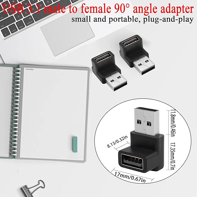 QIANRENON USB 3.1 90°Angle Adapter 10Gbps USB 3.1 Male to Female L-Angle Connector USB A 3.1 Right Angle Coupler, Support 3A Charging OTG Data Transfer, 2Pcs (Positive Bend/Female end Down)