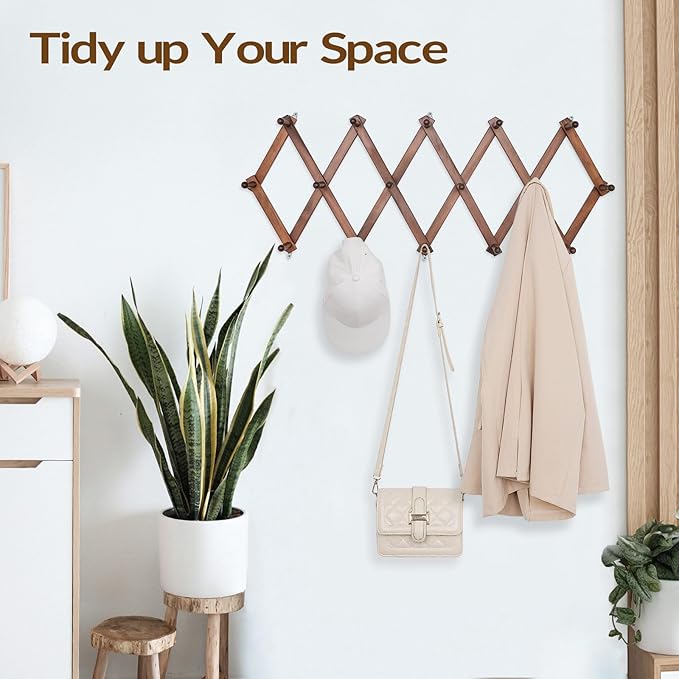 Hat Rack for Wall, Expandable Wall Hat Holder with 16 Hooks, 16 inch Wooden Wall Hook for Baseball Caps,Cowboy, Bag,Hoodie(Brown)