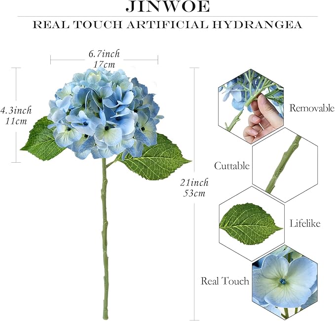 Light Blue Flowers Hydrangea Artificial Flowers, 4PCS 21" Latex Real Touch Vintage Lifelike Silk Flowers,Faux Hydrangea Bouquet Fake Flowers for Wedding Centerpieces Tables Party Outdoor Home