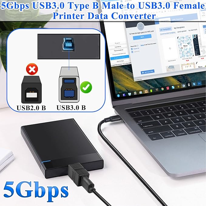 QIANRENON 5Gbps USB3.0 B to USB 3.0 Data Connector USB3.0 Type B Male to Type A Female Printer Adapter USB-B 3.0 to USB-A 3.0 Converter, for Hard Drive Scanner (Unsuitable USB-B 2.0), 2Pcs