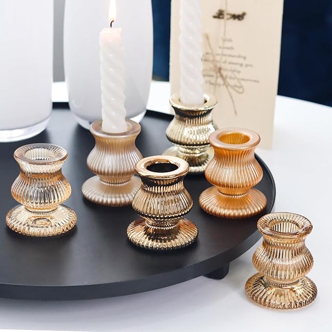 WDHODEC Gold Candlestick Holders 12PCS Glass Taper Candle Holders for Table Centerpiece Colorful Candle Sticks for Wedding, Party and Festival Decoration