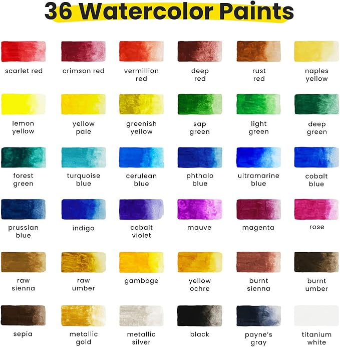 Chalkola Watercolor Paint Set for Adults, Kids, Beginner & Professional Artists - 36 Watercolor Tubes Set (12ml, 0.4oz), 10 Painting Brushes & 1 Palette | Vibrant Water Color Art Painting Supplies