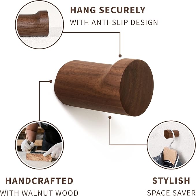 Natural Wooden Wall Mounted Hooks - Pack of 4 - Modern - Handmade Decorative Wood Pegs Minimalist for Hanging Hat, Coats (Black Walnut Wood)