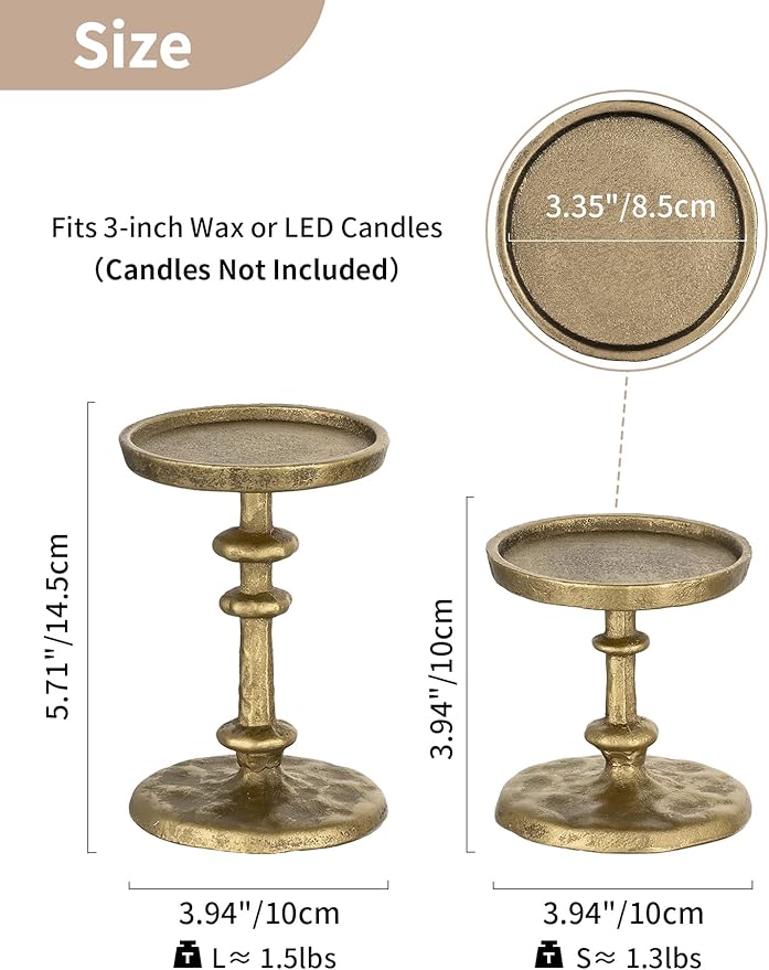 NUPTIO Gold Candle Holders for Pillar: Antique Brass Cast Iron Candleholder for 3 Inch Pillars -Heavy Metal Candle Stand for Christmas Party Table Decor