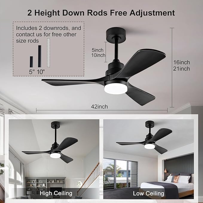 BOJUE 42 Inch Black Ceiling Fans with Lights and Remote,Dimmable LED Light,Quite Reversible DC Motor,Memory Function,Modern Solid Wood Indoor Outdoor Ceiling Fan with Light for Farmhouse Bedroom Patio